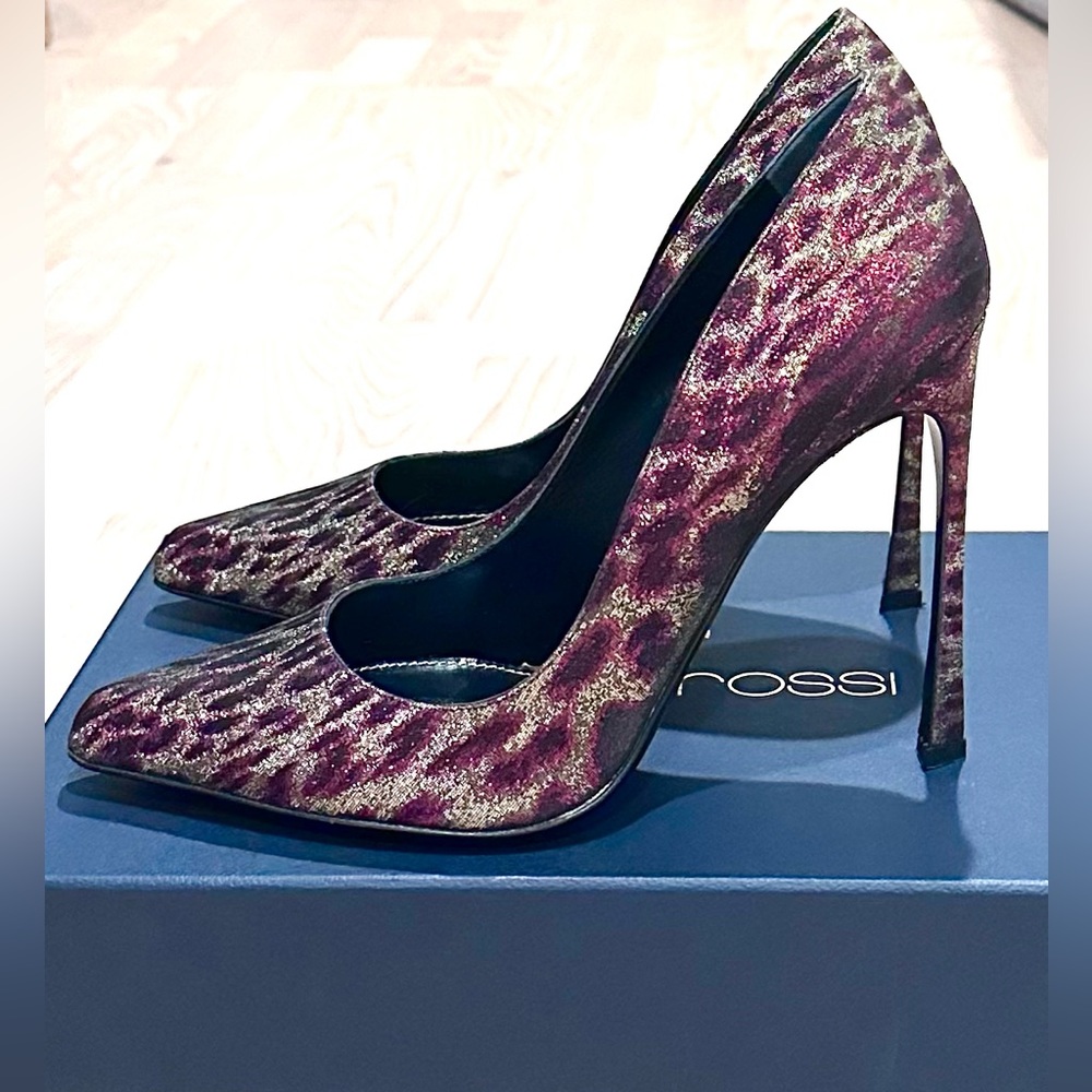 Sergio Rossi Burgundy and Gold Animal Print Leather Heels